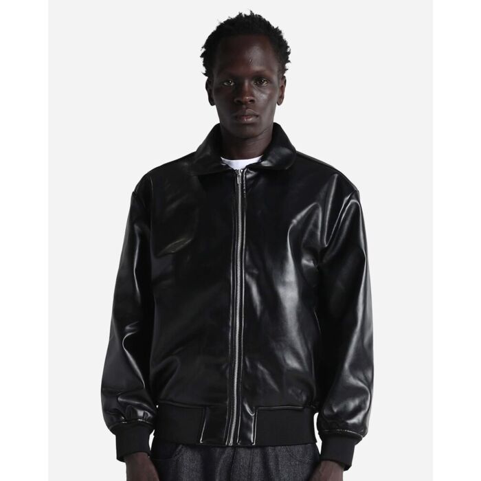 Unisex PU Leather Collared Varsity Jacket Thumbnail