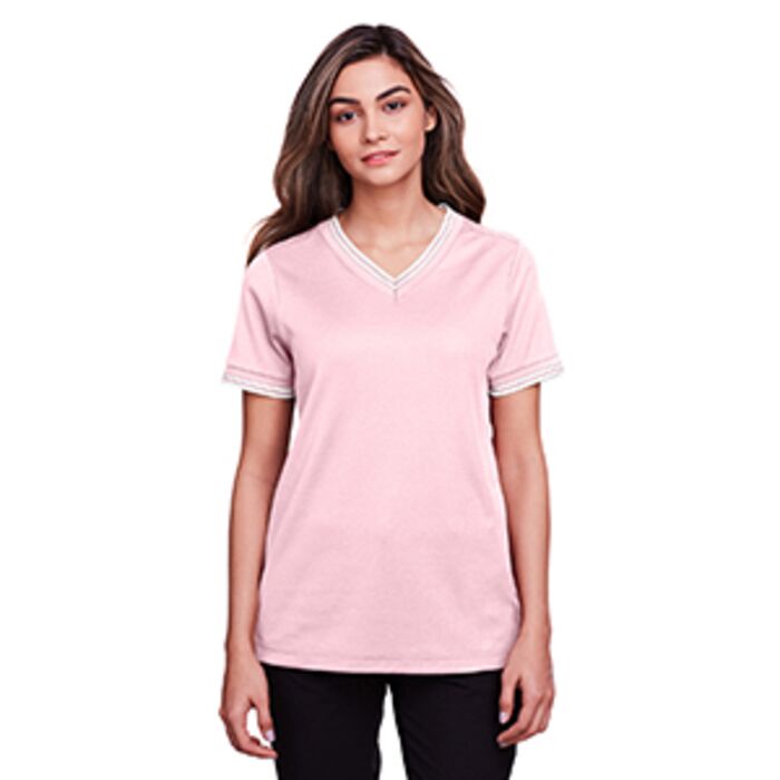 CrownLux Performance® Ladies' Plaited Tipped V-Neck Top Thumbnail